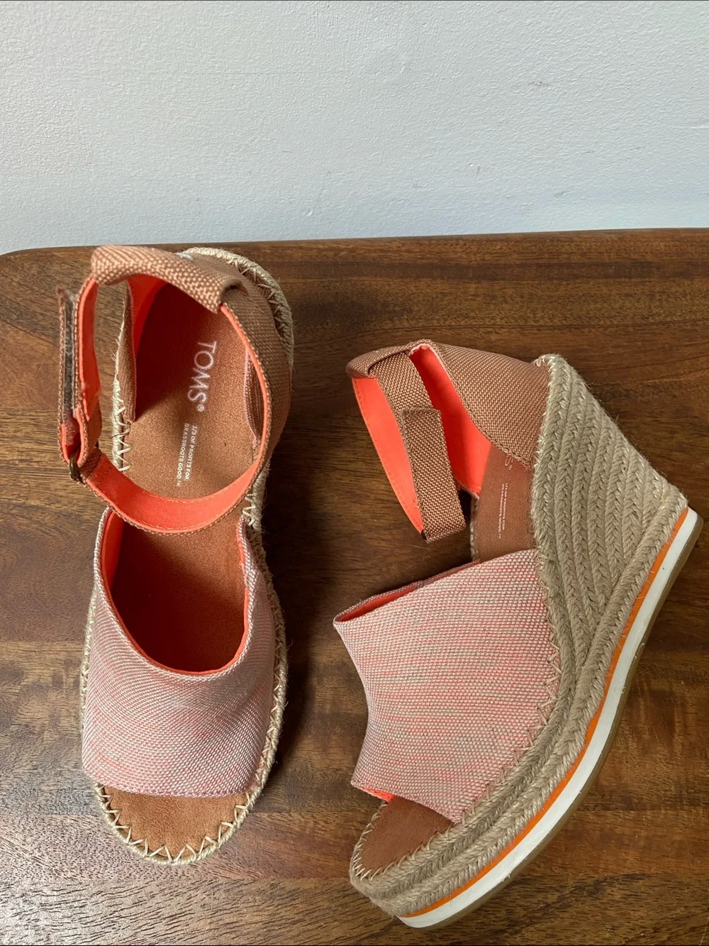 TOMS Pink Canvas Espadrille Wedge Sandals with Tan Ankle Strap